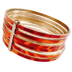 VTG 1970s Mod Enamel Gold Tone Stacked Bangle Cuff Bracelet Size 8